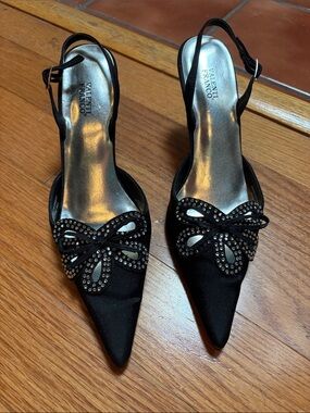 Valenti Franco Black Slingback Pointed-Toe Heels with Crystal Bow